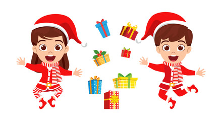 Cute beautiful kid boy and girl character wearing Christmas outfit and waving colorful and jumping on air sky with gift boxes