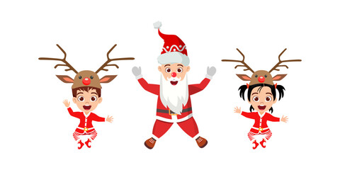 Cute beautiful kid boy and girl character Santa character wearing Christmas outfit and waving colorful and jumping on air sky with reindeer