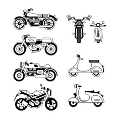Vector stylized black and white motorcycle, graphic illustration in flat design, side and front view silhouette isolated on white background