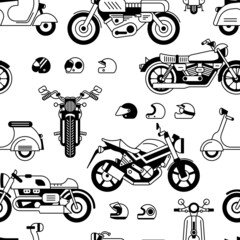 Vector stylized black and white motorcycles and helmets, side and front view silhouette isolated on white background, graphic illustration and seamless pattern in flat design