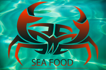 abstract logo sea food in the form of a crab against the background of sea water © kotolmachoff