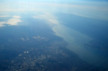 Bosphorus and Istanbul at morning from airliner view.Istanbule Bridge. Flight Dalaman - Kiev