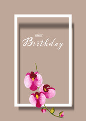 Happy birthday card with hand drawing orchid flower, watercolor drawing