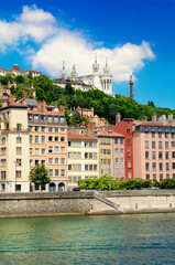 Fourviere basilica and Saone river by a sunny day, Lyon, France