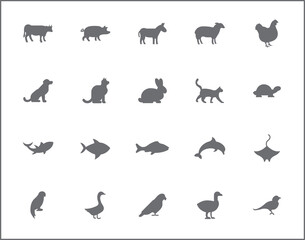 Seamless with animal silhouettes icon on white background. Included the icons Lion, Elephant, Cheetah, cat, giraffe, Kangaroo, Fox, Wolf and other.