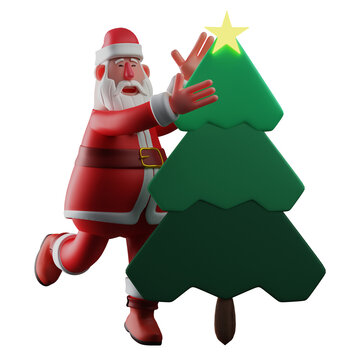 Santa 3D Cartoon Illustration add a Star on the Christmas tree