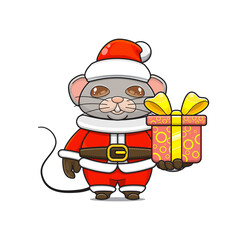 cute mouse wearing santa costume and giving christmas gifts, cartoon animal mascot in christmas costume