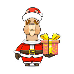 cute alpaca wearing santa costume and giving christmas gifts, cartoon animal mascot in christmas costume