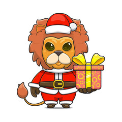 cute lion wearing santa costume and giving christmas gifts, cartoon animal mascot in christmas costume