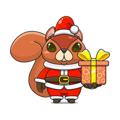 cute squirrel wearing santa costume and giving christmas gifts, cartoon animal mascot in christmas costume