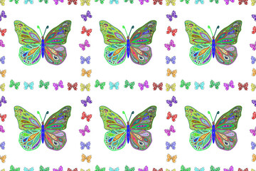 Fototapeta na wymiar Seamless pattern with interesting doodles on colorfil background. Pano. Raster illustration.
