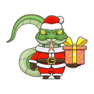 cute snake wearing santa costume and giving christmas gifts, cartoon animal mascot in christmas costume