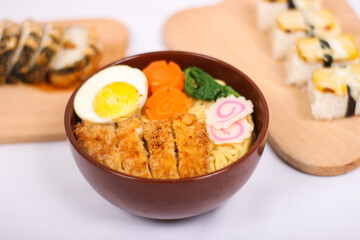 delicious ramen and sushi isolated on white background