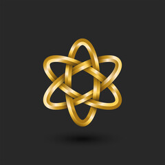 3d complex geometric shape made of 3 gold rings jewelry logo, overlapping of three golden oval orbits.