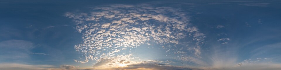 Fototapeta premium Dark blue sunset sky panorama with Cirrus clouds. Seamless hdr pano in spherical equirectangular format. Complete zenith for 3D visualization, game and sky replacement for aerial drone 360 panoramas.
