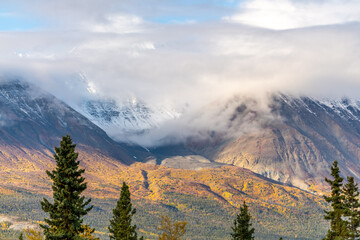 Fall views in spectacular northern Canada during September with yellow, golden, red boreal forest landscape below. 