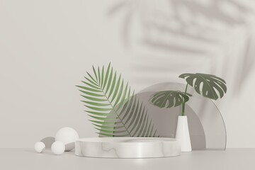 3d render of abstract pedestal podium display with Tropical Monstera leaves. Product and promotion concept for advertising. Green natural background.