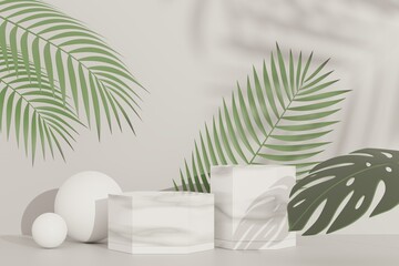 Fototapeta na wymiar 3d render of abstract pedestal podium display with Tropical Monstera leaves. Product and promotion concept for advertising. Green natural background.