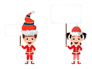 Cute beautiful kid boy and girl character wearing Christmas outfit holding placard board
