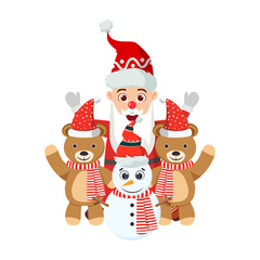Cute beautiful Christmas Santa character brown bears and snowman character wearing Christmas outfit standing together and waving