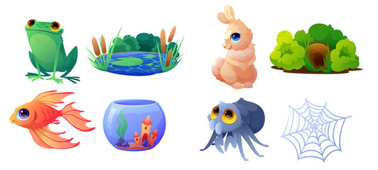 Animals with their habitats, spider and web, golden fish and aquarium. Vector cartoon set of cute wild animals with their home, frog, pond, rabbit and burrow isolated on white background