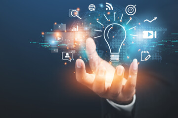 Brain development business ideas, business people show creative ideas to modernize the work processes of the brain with a cog in driving.	