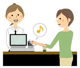 レジに立つカフェスタッフ　キャッシュレス決済