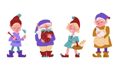 Set of various garden gnomes. A family of gnomes. Vector illustration in flat style.