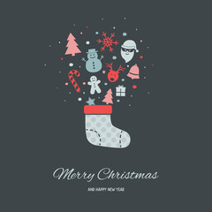 Christmas greeting card with a sock full of presents. Vector