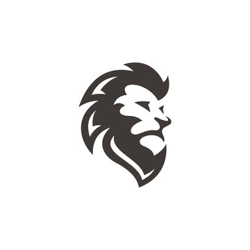 Flat negative space lion leo head face hair mane silhouette vector logo icon in black and white color
