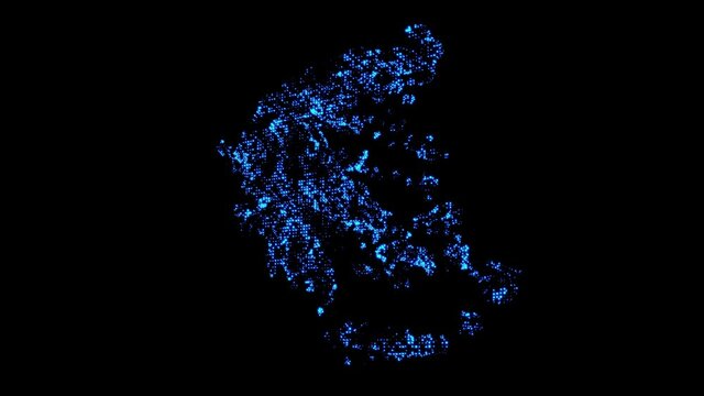 A map of the Greece country consisting of stars of shimmering blue particles on a black background.