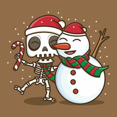 cute cartoon skull with snowman on christmas. vector illustration for mascot logo or sticker