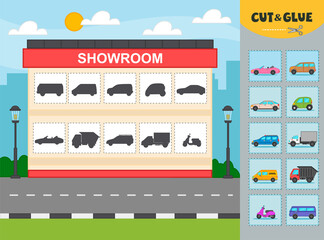 Game for children, working print sheet. Showroom car. Paper applique. Cut and glue, auto find by shadow. Vector illustration. Children funny riddle entertainment