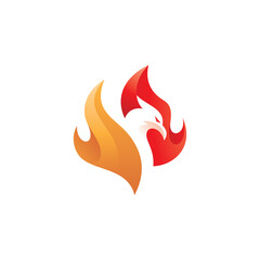 Negative space bird phoenix head and fire flame vector logo icon with modern gradient color style