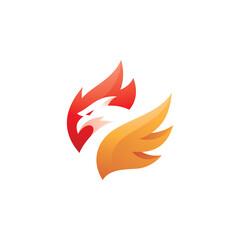 Negative space bird phoenix head and wing or fire flame vector logo icon with modern gradient color style