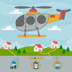 Activity game for kids with helicopter. Vector illustration.  Cut and glue the helicopter's passengers. Paper applique. Children funny riddle entertainment