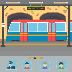Activity game for children with underground subway train. Multicolored steam locomotive. Vector illustration.  Cut and glue the train's passengers. Paper applique. Children funny riddle entertainment