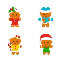 Set of cute cartoon gingerbread man cookies. Christmas theme. Vector illustration for children's decor, stickers, decorations, decorating a children's room