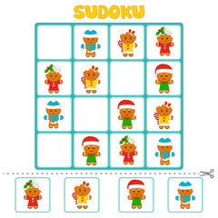Sudoku game for children with pictures. Gingerbread man. Christmas theme. Vector kids activity sheet. Children funny riddle entertainment.
