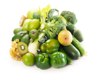 fresh vegetables with leaves isolated on white background.