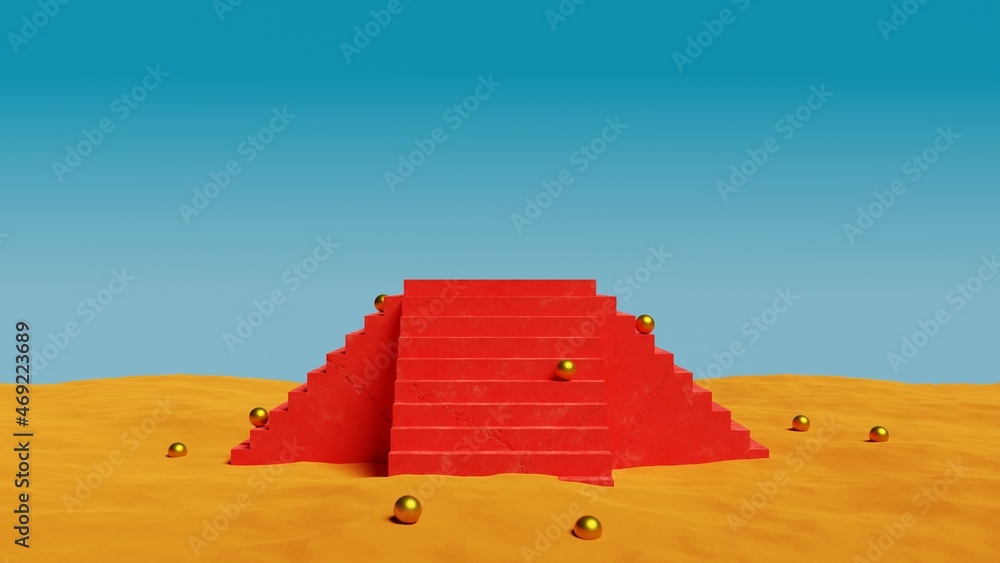 Poster red concrete pyramid with stair on sand dunes.surreal desert landscape minimal abstract background.3