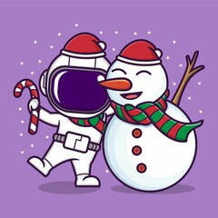 cute cartoon astronaut with snowman on christmas. vector illustration for mascot logo or sticker