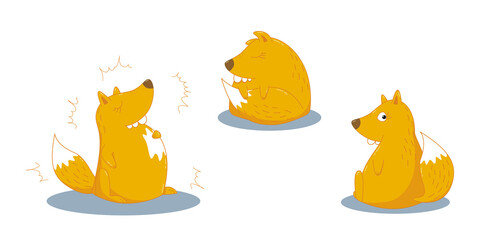 Cute fox cartoon vector character set. Proud, sleeping and surprised foxes isolated stickers, patches pack, kids illustration. Fox emoticons. 