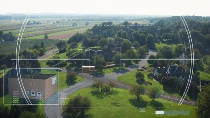Motion graphic of drone delivery over neighborhood. Package in midair flight. Aerial view with visual effect.