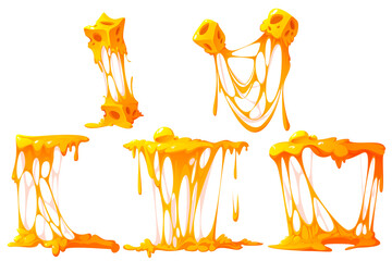 Set of melted cheese, cartoon mellow pieces with dripping stretches, design elements for pizza, sandwiches or pasta, cheesy texture flow, melt food isolated on white background, Vector illustration