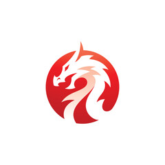 Negative space dragon head silhouette and circle logo vector icon