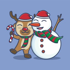 cute cartoon deer with snowman on christmas. vector illustration for mascot logo or sticker