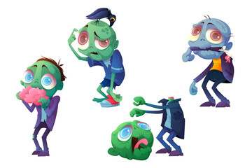 Scary zombie character in different poses isolated on white background. Vector cartoon set of creepy dead man eats brain, lost head and arm. Spooky Halloween undead monster - obrazy, fototapety, plakaty