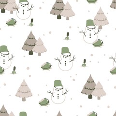 Winter Holiday with Snowmen and Pine Tree Vector Cartoon Seamless Pattern