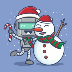 cute cartoon robot with snowman on christmas. vector illustration for mascot logo or sticker